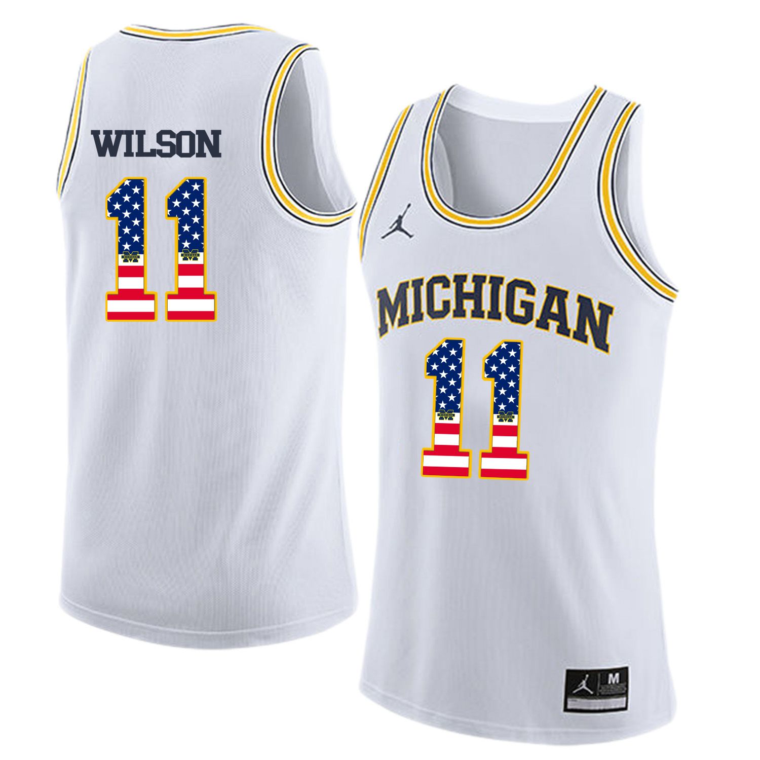 Men Jordan University of Michigan Basketball White #11 Wilson Flag Customized NCAA Jerseys